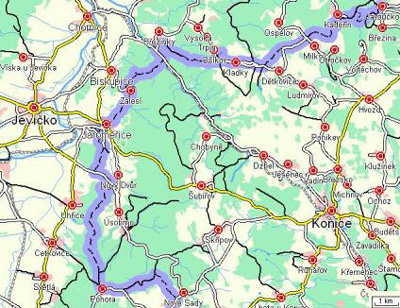 Turistická trasa Javoříčko - Jaroměřice - Horní Štěpánov mapa